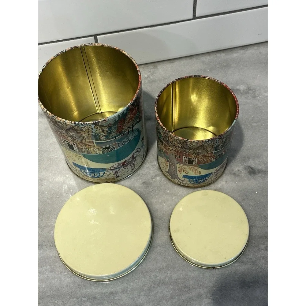 Vintage Set of 2 Meister Metal Nesting Tin Cans Canisters  w/Farm Scene - Brazil